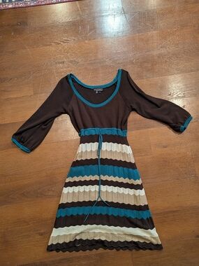 Striped Knit Scoop-Neck Dress in Brown, Teal & Cream